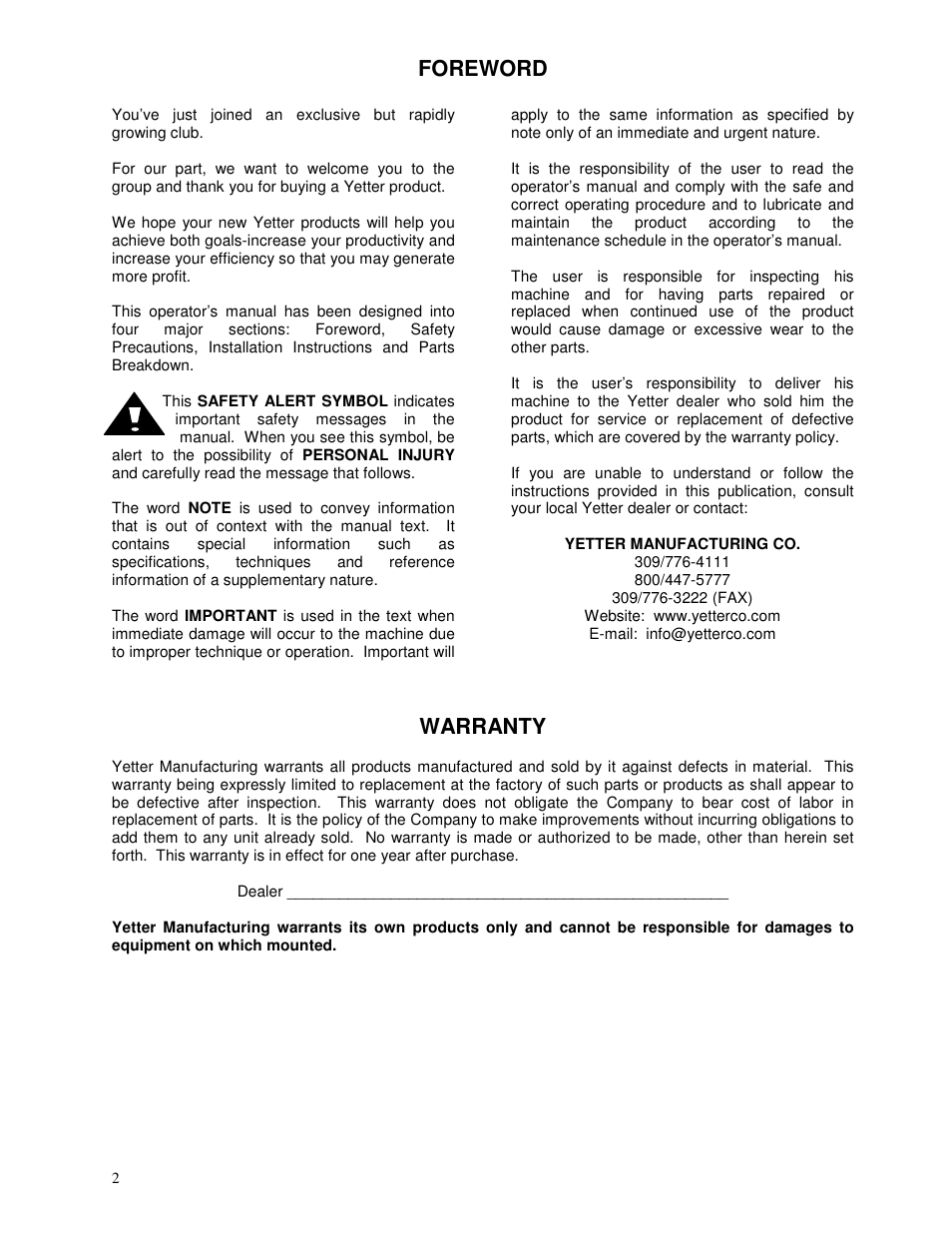 Foreword, Warranty | Yetter 2967 Notched Disc Residue Manager User Manual | Page 2 / 24