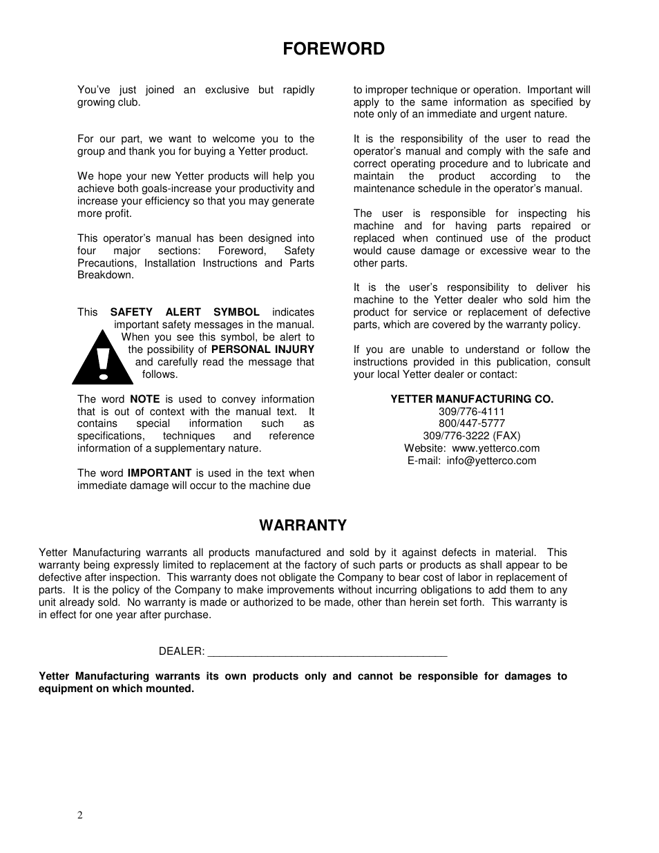 Foreword, Warranty | Yetter 2967-002 Single Wheel Residue Manager for Twin row User Manual | Page 2 / 18