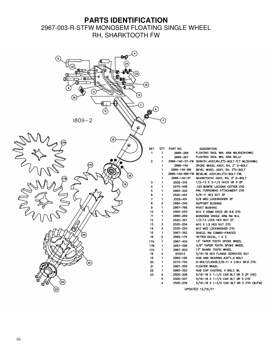 Parts identification | Yetter 2967-003 Single Wheel Residue Manager For Monosem Planter User Manual | Page 16 / 18