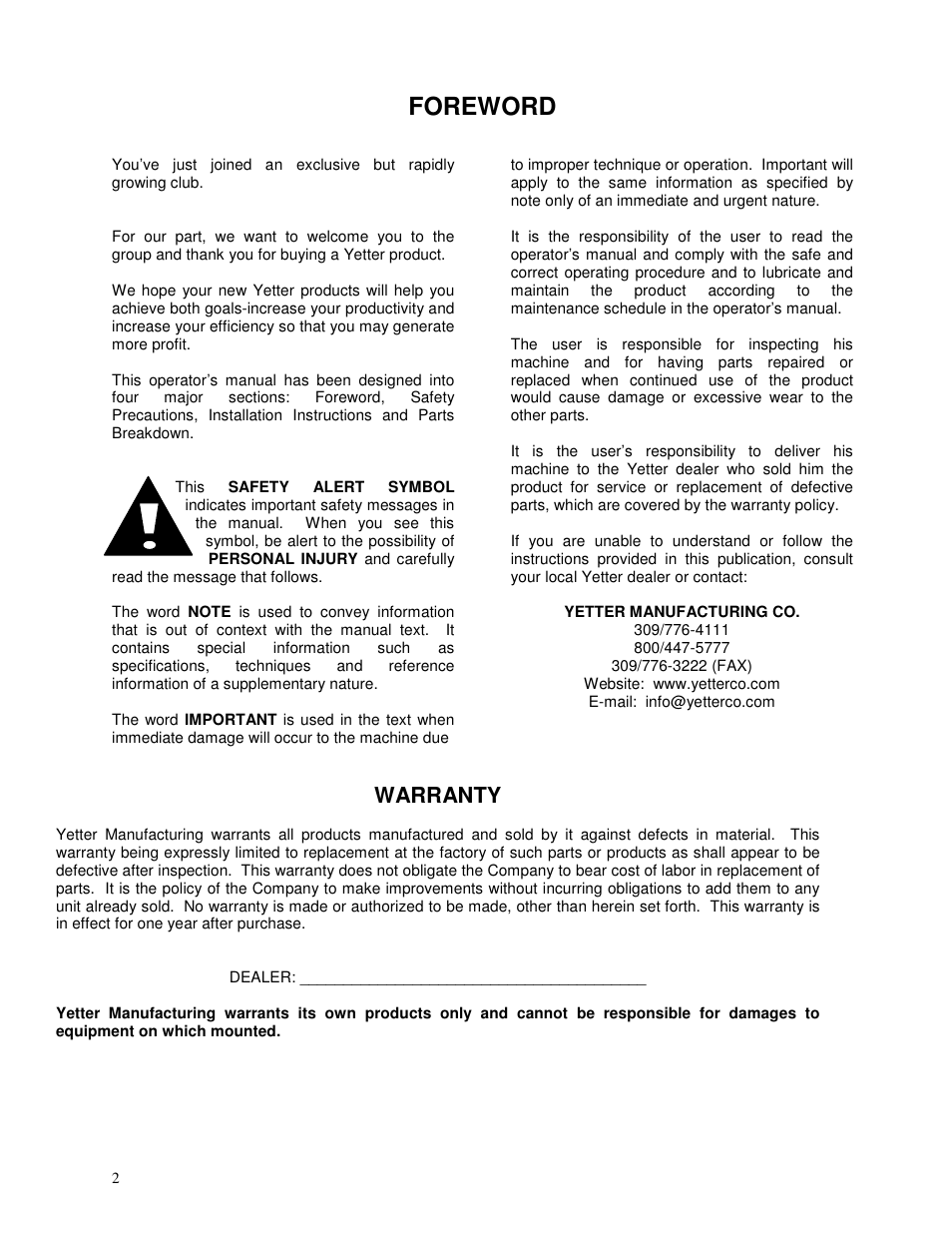 Foreword, Warranty | Yetter 2967-003 Single Wheel Residue Manager For Monosem Planter User Manual | Page 2 / 18