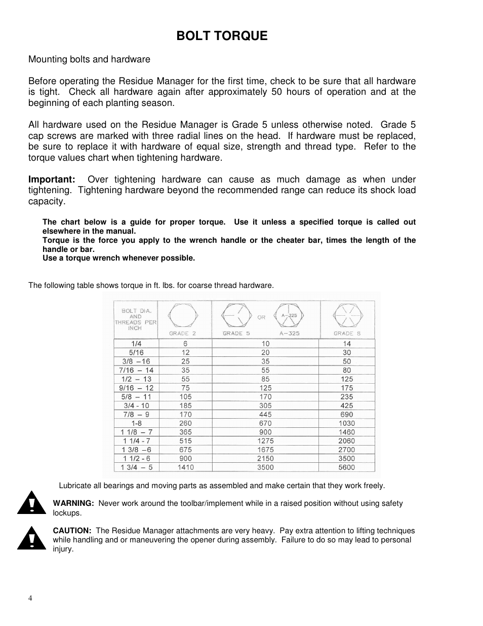 Bolt torque | Yetter 2967-003 Single Wheel Residue Manager For Monosem Planter User Manual | Page 4 / 18