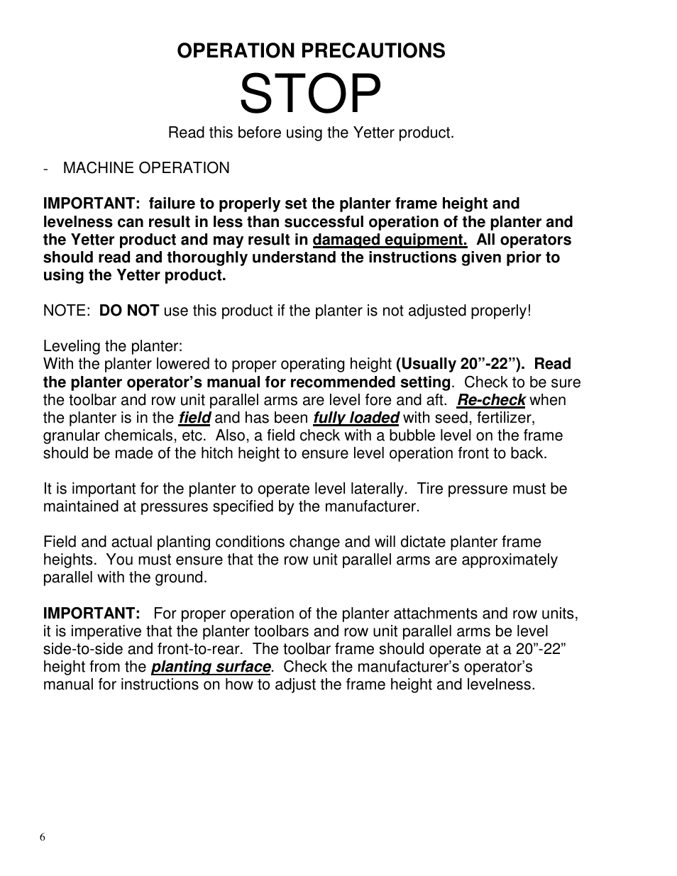 Stop | Yetter 2967-003 Single Wheel Residue Manager For Monosem Planter User Manual | Page 6 / 18