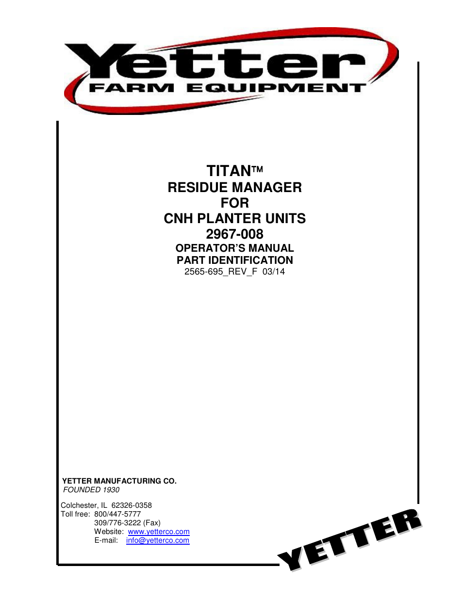 Yetter 2967-008 Titan for CNH planters User Manual | 20 pages
