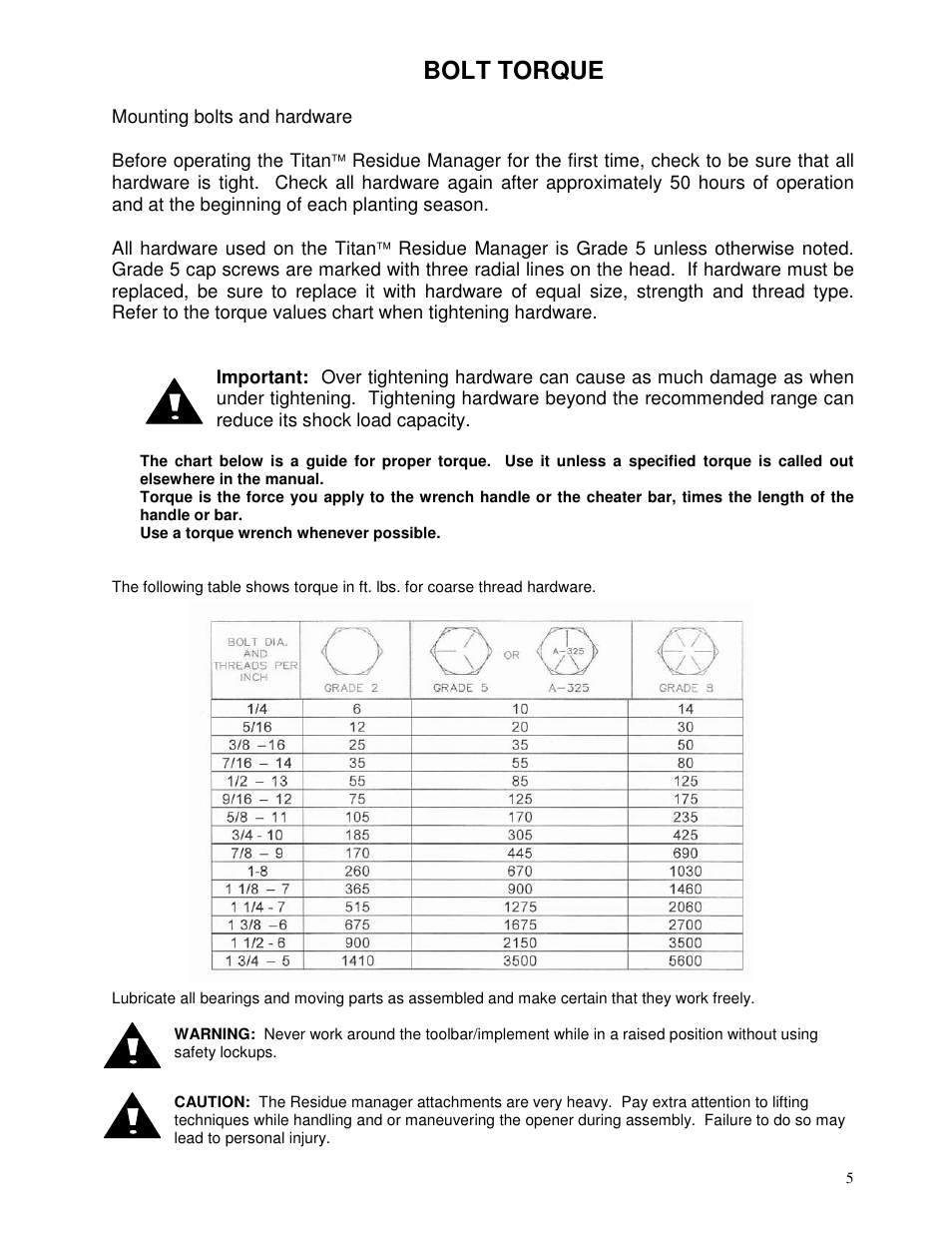 Bolt torque | Yetter 2967-008 Titan for CNH planters User Manual | Page 5 / 20