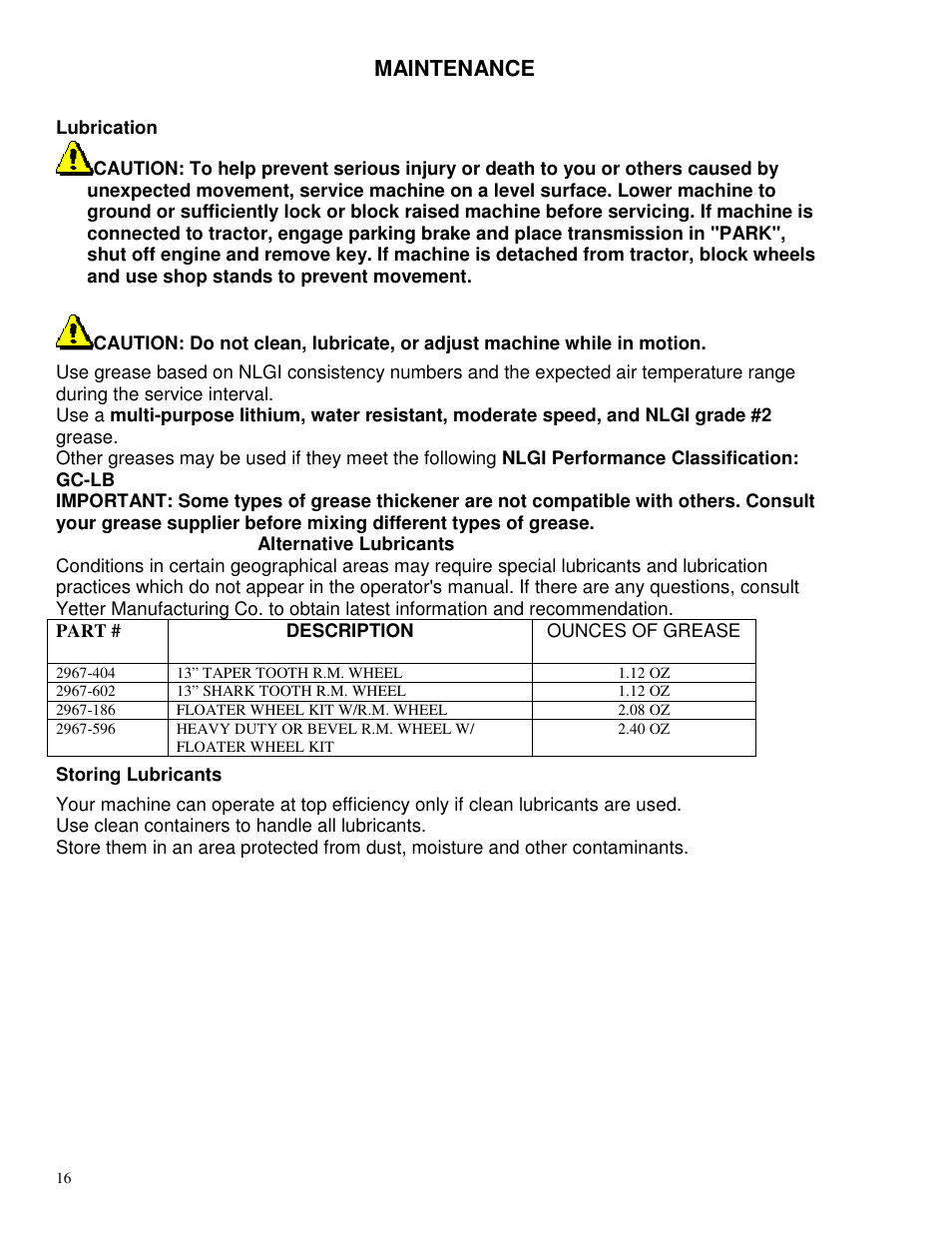 Maintenance | Yetter 2967-014 TITAN Series Narrow Row Short U.N.T. Residue Manager User Manual | Page 16 / 24