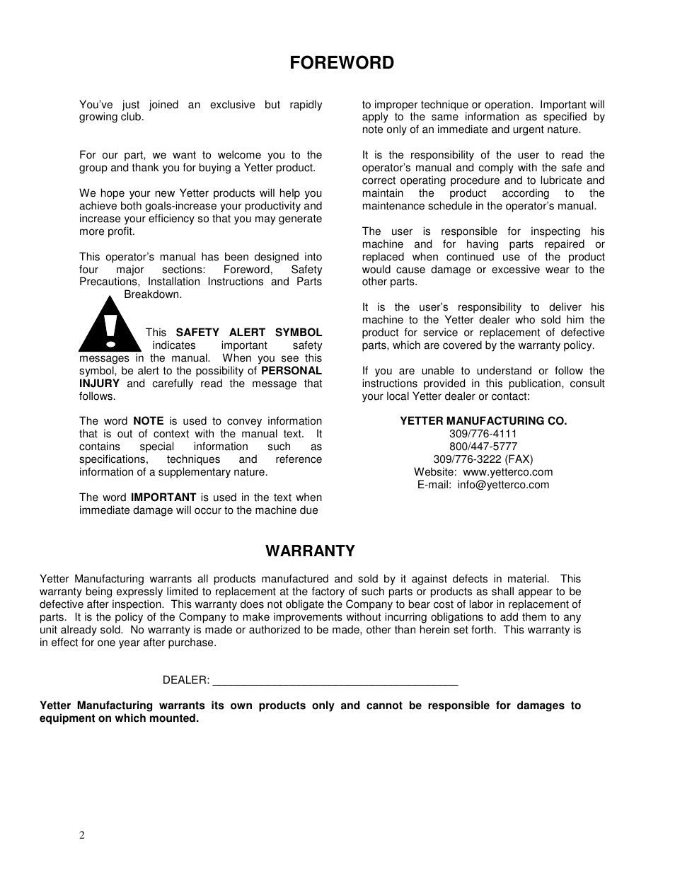 Foreword, Warranty | Yetter 2967-014 TITAN Series Narrow Row Short U.N.T. Residue Manager User Manual | Page 2 / 24