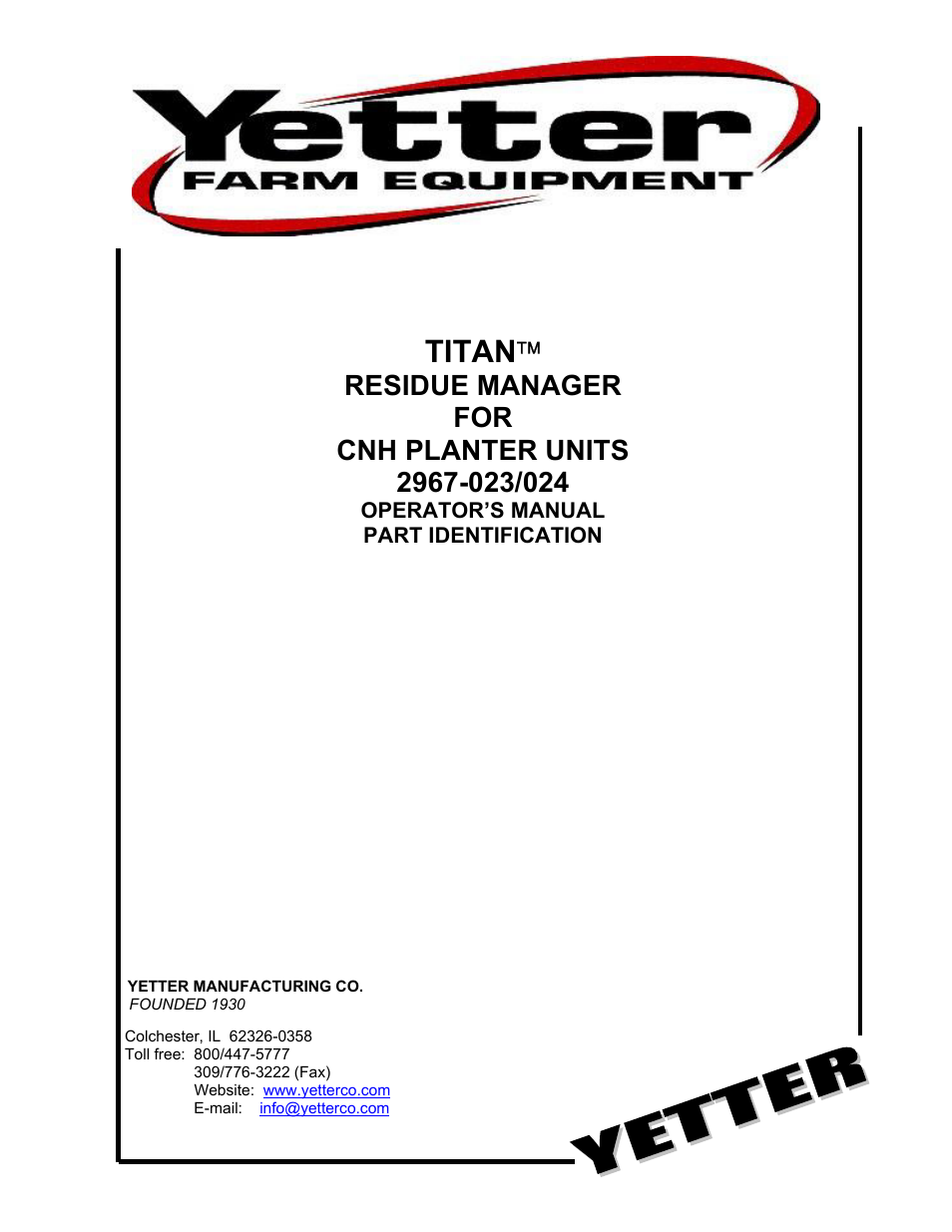 Yetter 2967-024 Titan Residue Manager User Manual | 20 pages
