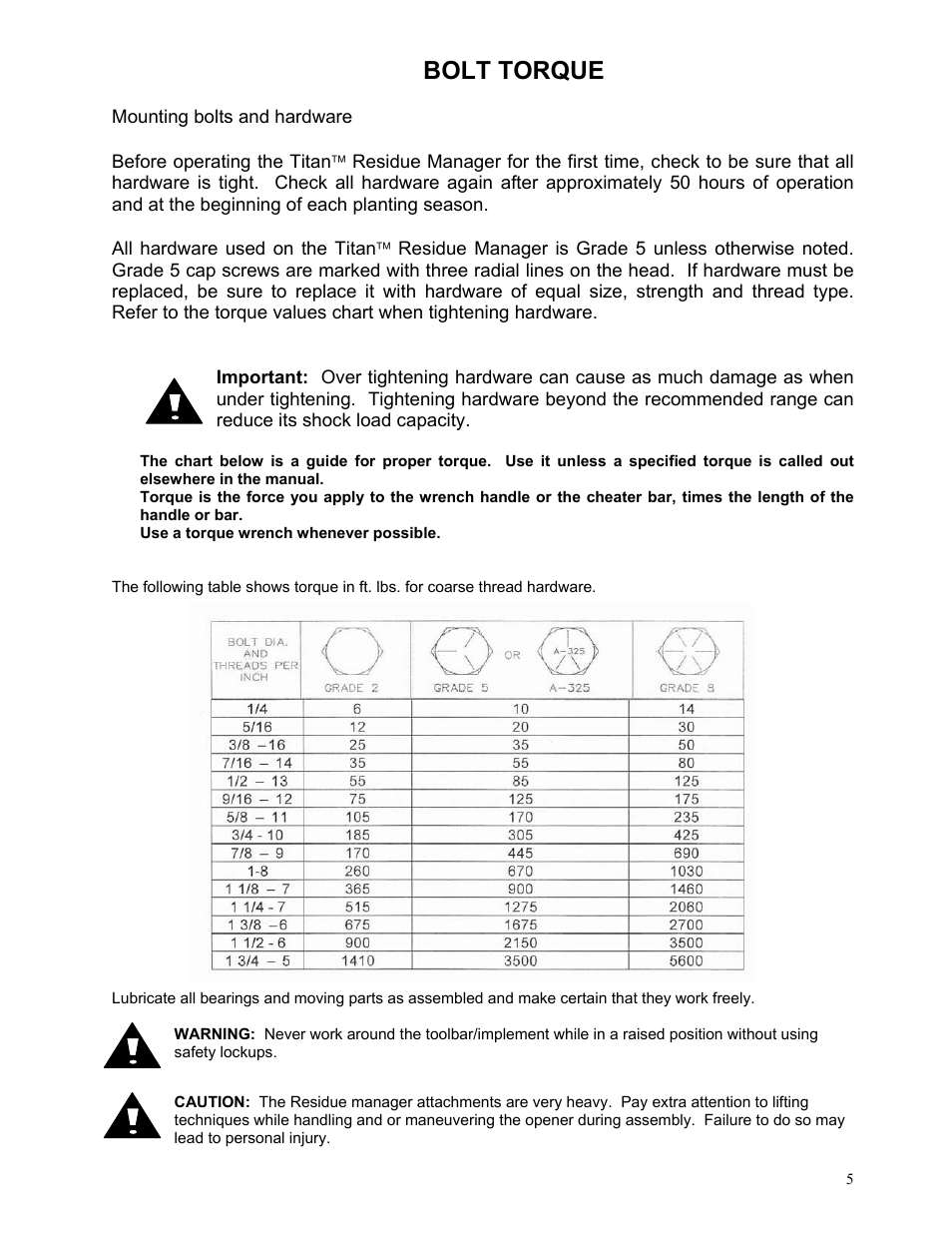 Bolt torque | Yetter 2967-024 Titan Residue Manager User Manual | Page 5 / 20