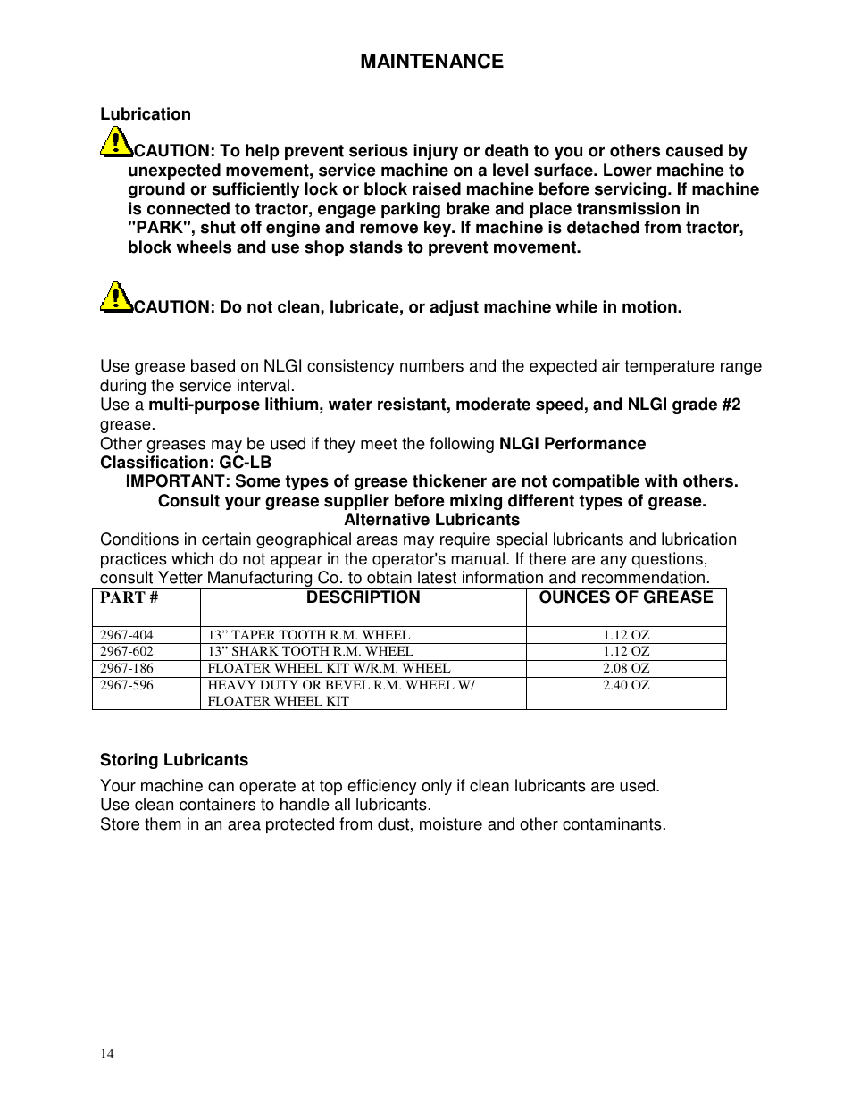 Maintenance | Yetter 2967-082 Residue Managers User Manual | Page 14 / 28