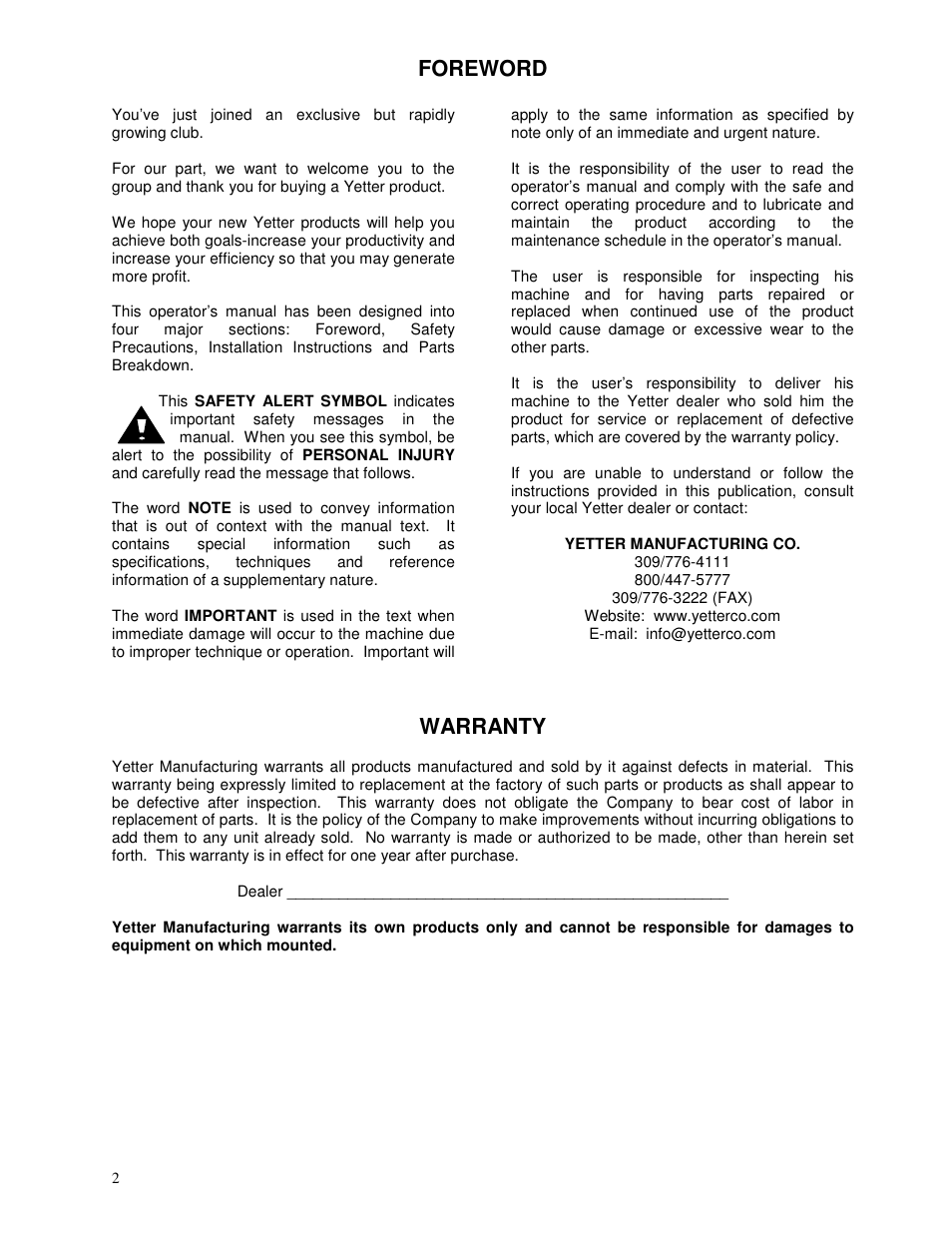 Foreword, Warranty | Yetter 2967-082 Residue Managers User Manual | Page 2 / 28
