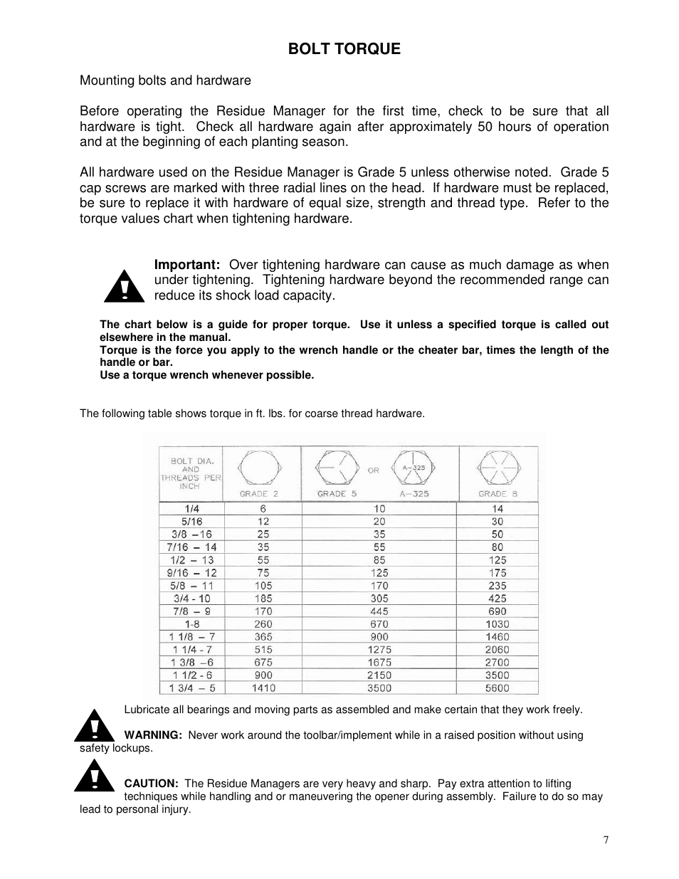Bolt torque | Yetter 2967-082 Residue Managers User Manual | Page 7 / 28