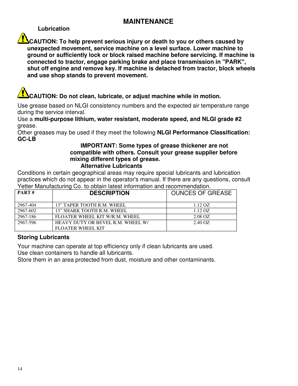 Maintenance | Yetter 2967-097 TITAN Series Short U.N.T. CNH Residue Manager User Manual | Page 14 / 20