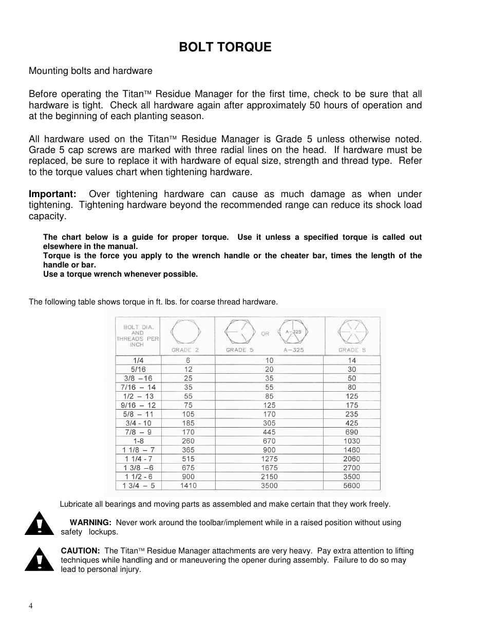 Bolt torque | Yetter 2967-097 TITAN Series Short U.N.T. CNH Residue Manager User Manual | Page 4 / 20