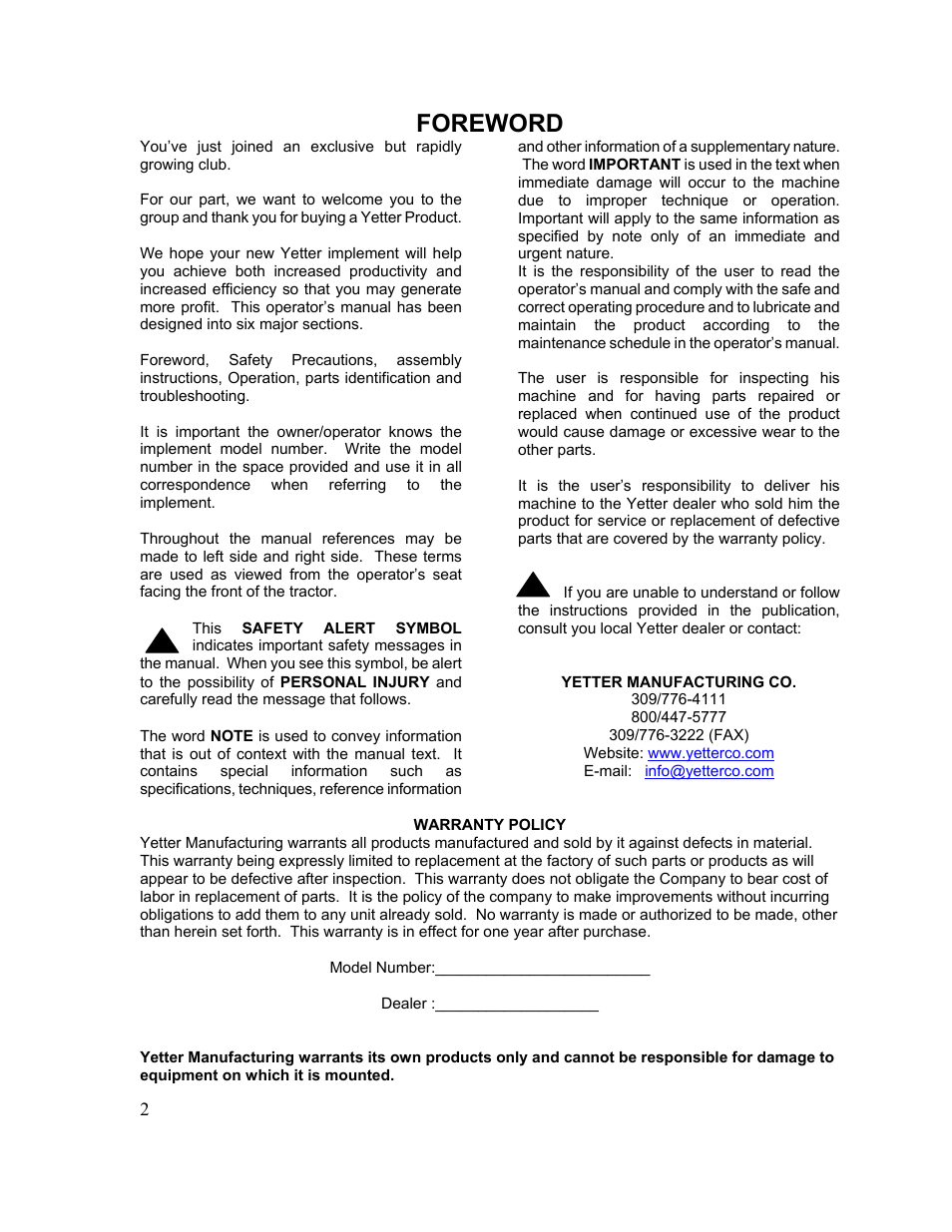 Foreword | Yetter 2967-030 TITAN Residue Manager User Manual | Page 2 / 12