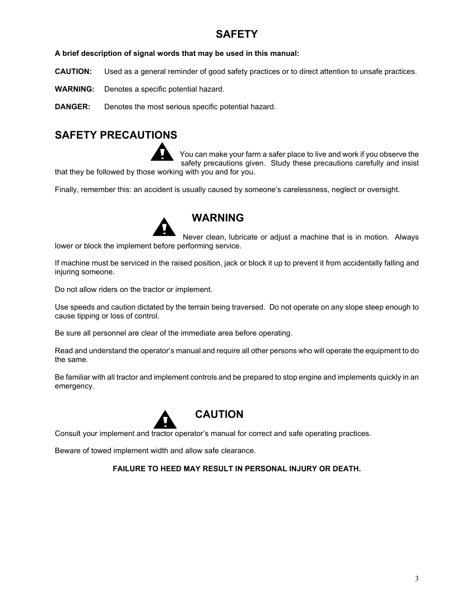 Safety, Safety precautions, Warning | Caution | Yetter 2967-031 Residue Manager Attachment For 2960-130 - Unit Mounted Double Arm Conservation Coulter User Manual | Page 3 / 16