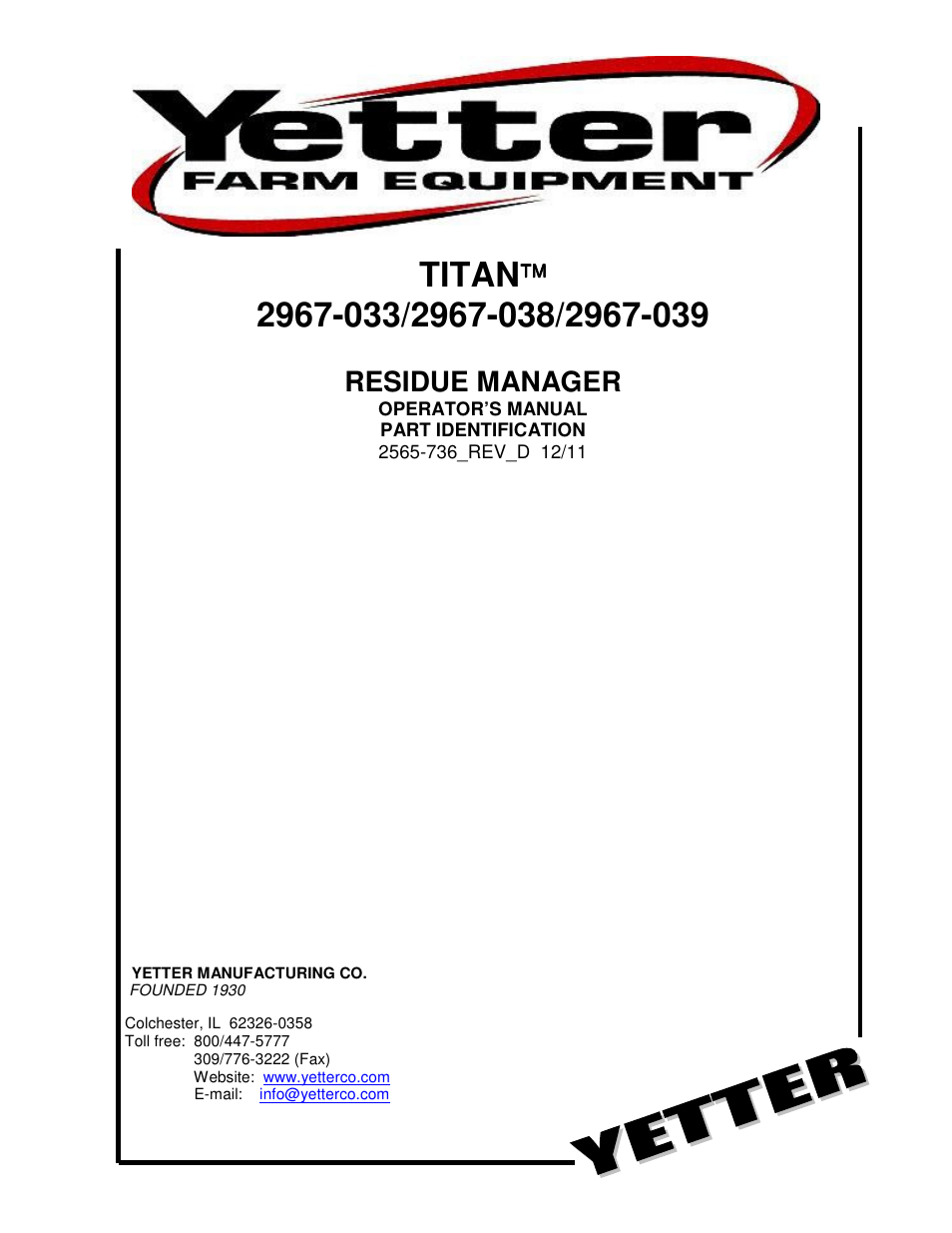 Yetter 2967-039 Titan C-Shank Mounted Residue Manager User Manual | 24 pages