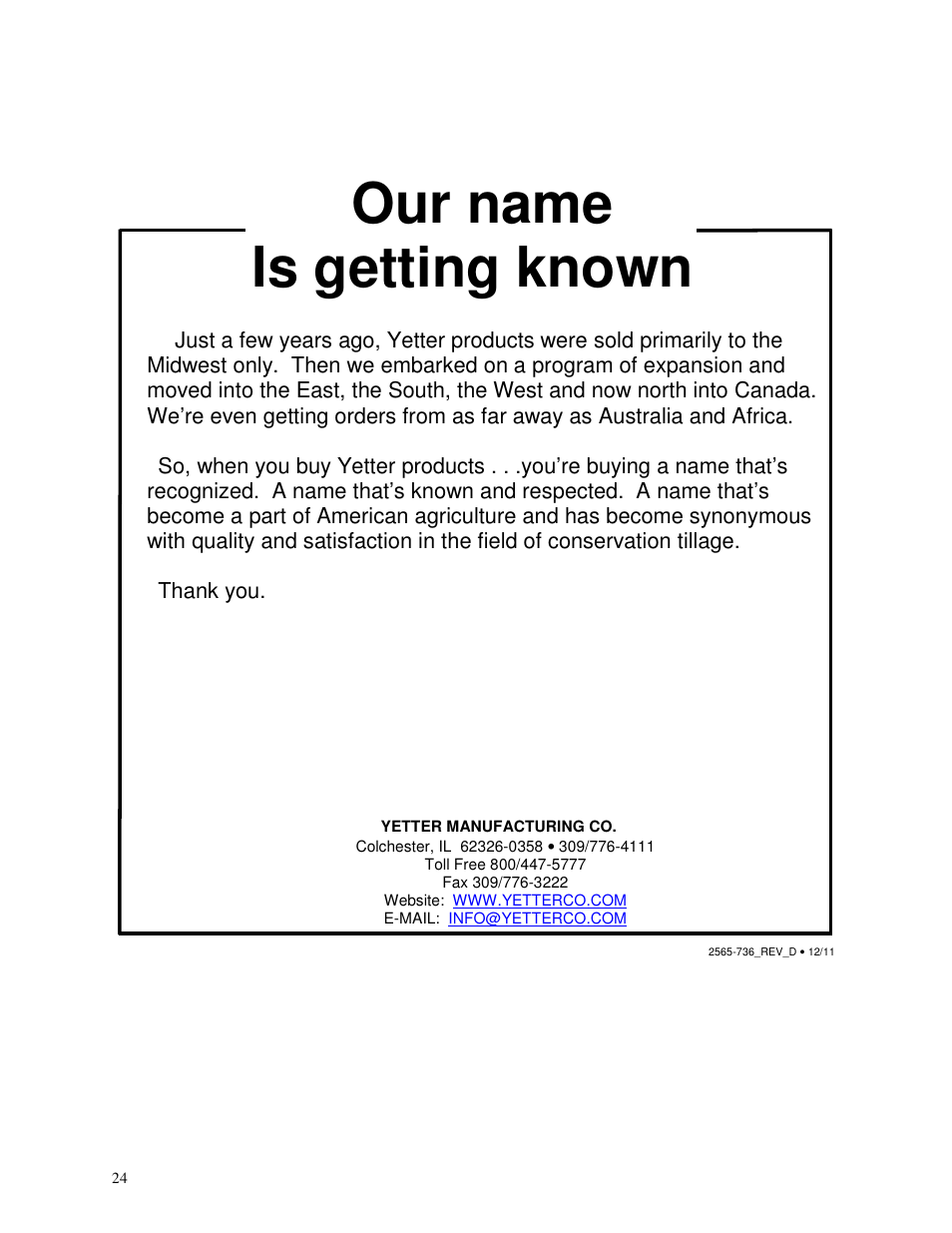 Our name is getting known | Yetter 2967-039 Titan C-Shank Mounted Residue Manager User Manual | Page 24 / 24