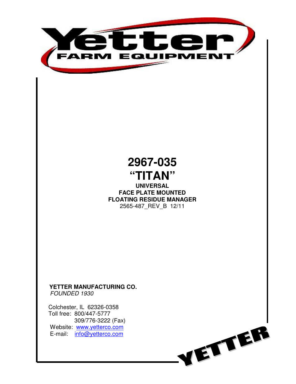 Yetter 2967-035 TITAN Universal Face Plate Mounted Floating Residue Manager User Manual | 20 pages