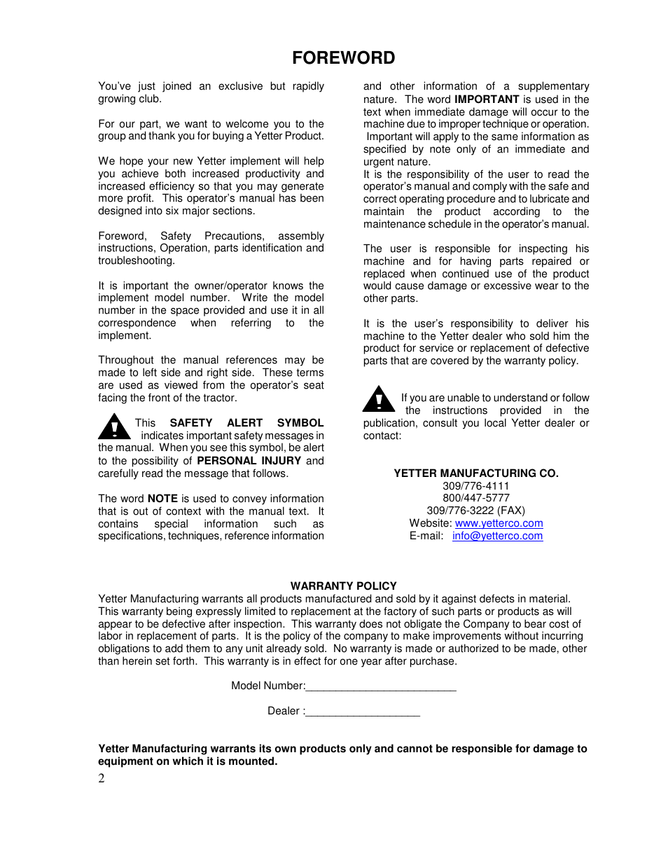 Foreword | Yetter 2967-035 TITAN Universal Face Plate Mounted Floating Residue Manager User Manual | Page 2 / 20