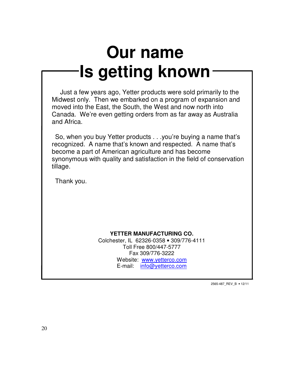 Our name is getting known | Yetter 2967-035 TITAN Universal Face Plate Mounted Floating Residue Manager User Manual | Page 20 / 20