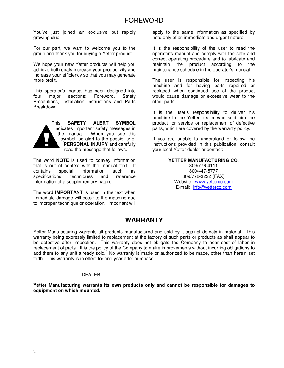 Foreword, Warranty | Yetter 2967-048 Narrow Row Residue Manager User Manual | Page 2 / 20