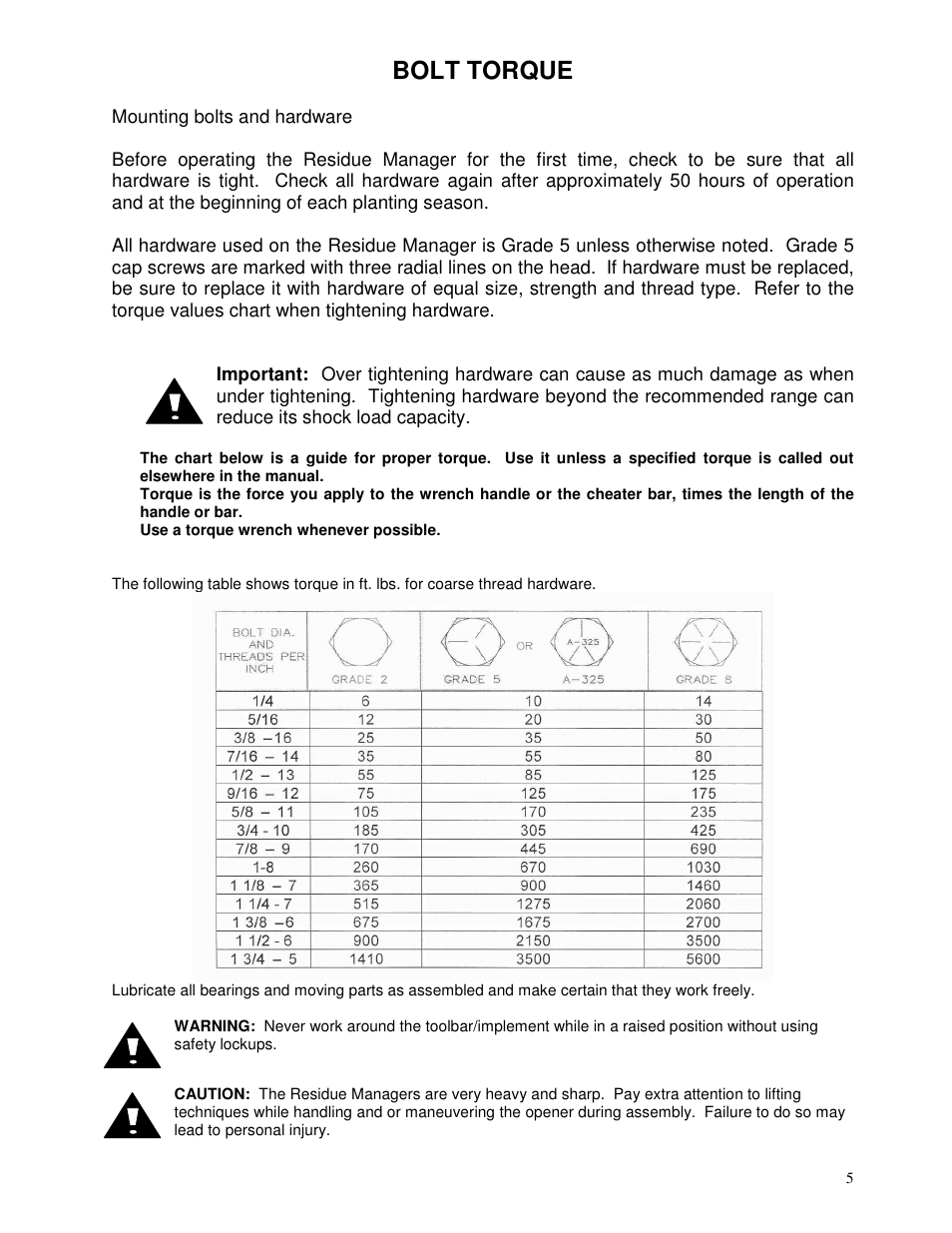 Bolt torque | Yetter 2967-048 Narrow Row Residue Manager User Manual | Page 5 / 20