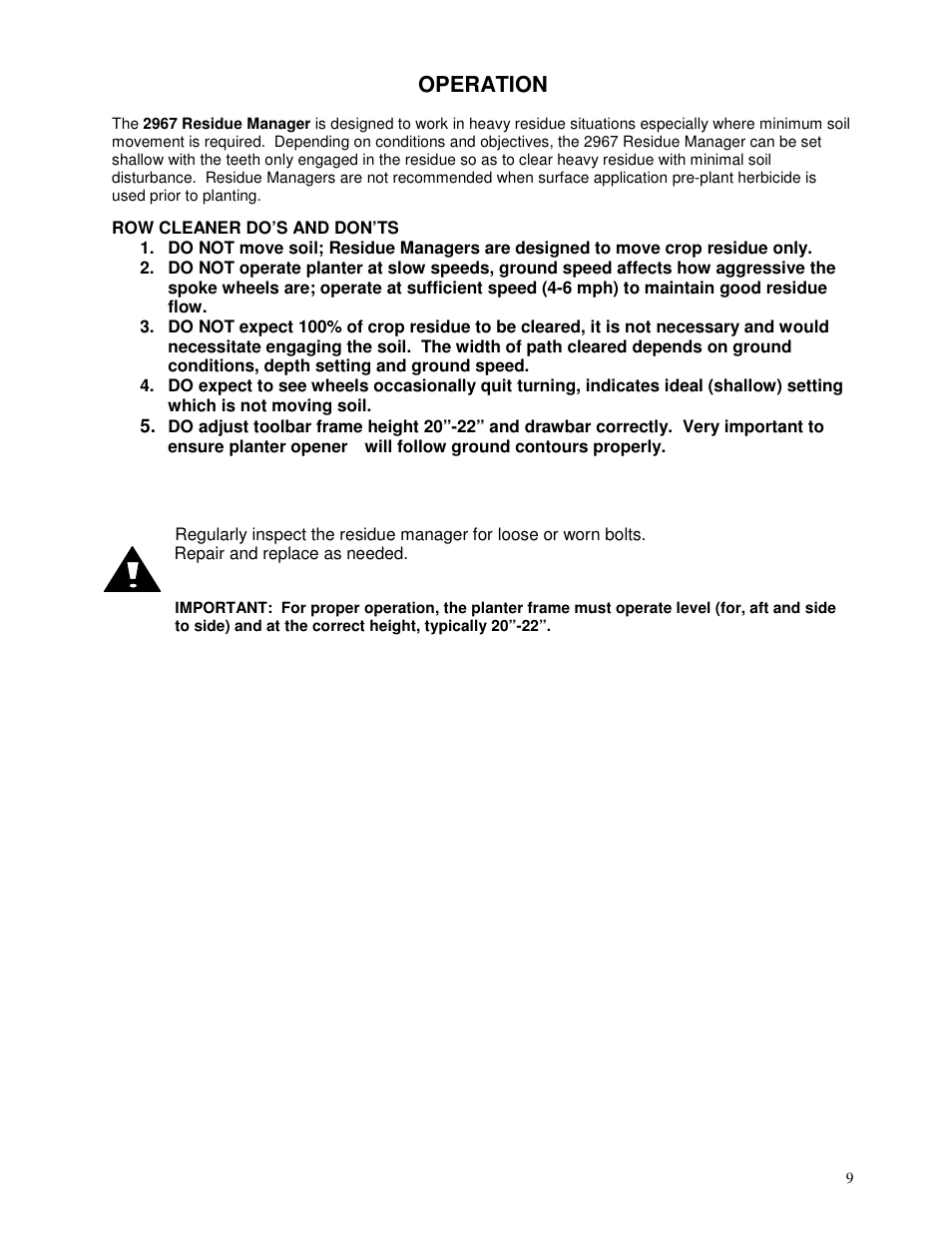 Operation | Yetter 2967-048 Narrow Row Residue Manager User Manual | Page 9 / 20