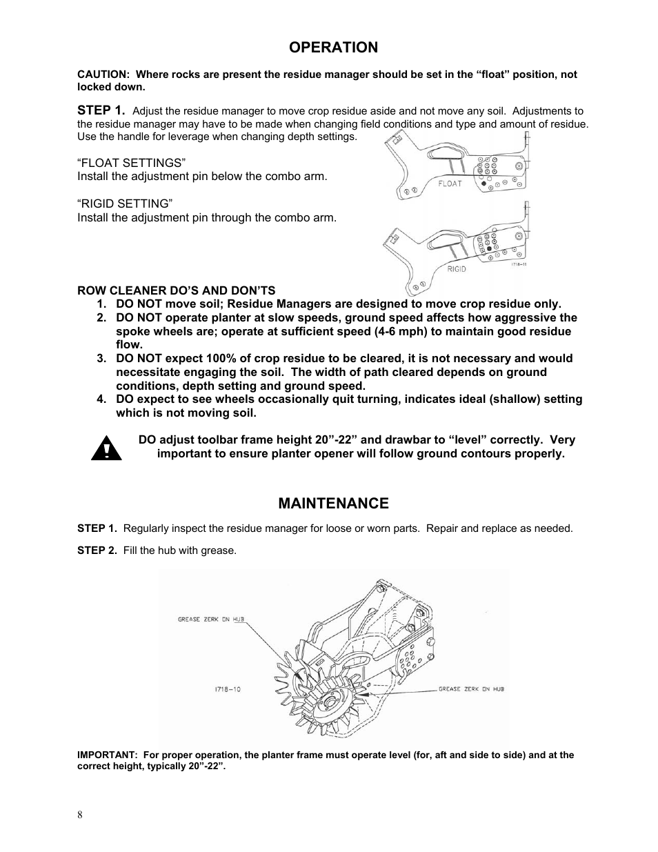 Operation, Maintenance | Yetter 2967-037 TITAN Residue Manager for John Deere Coulter User Manual | Page 8 / 9
