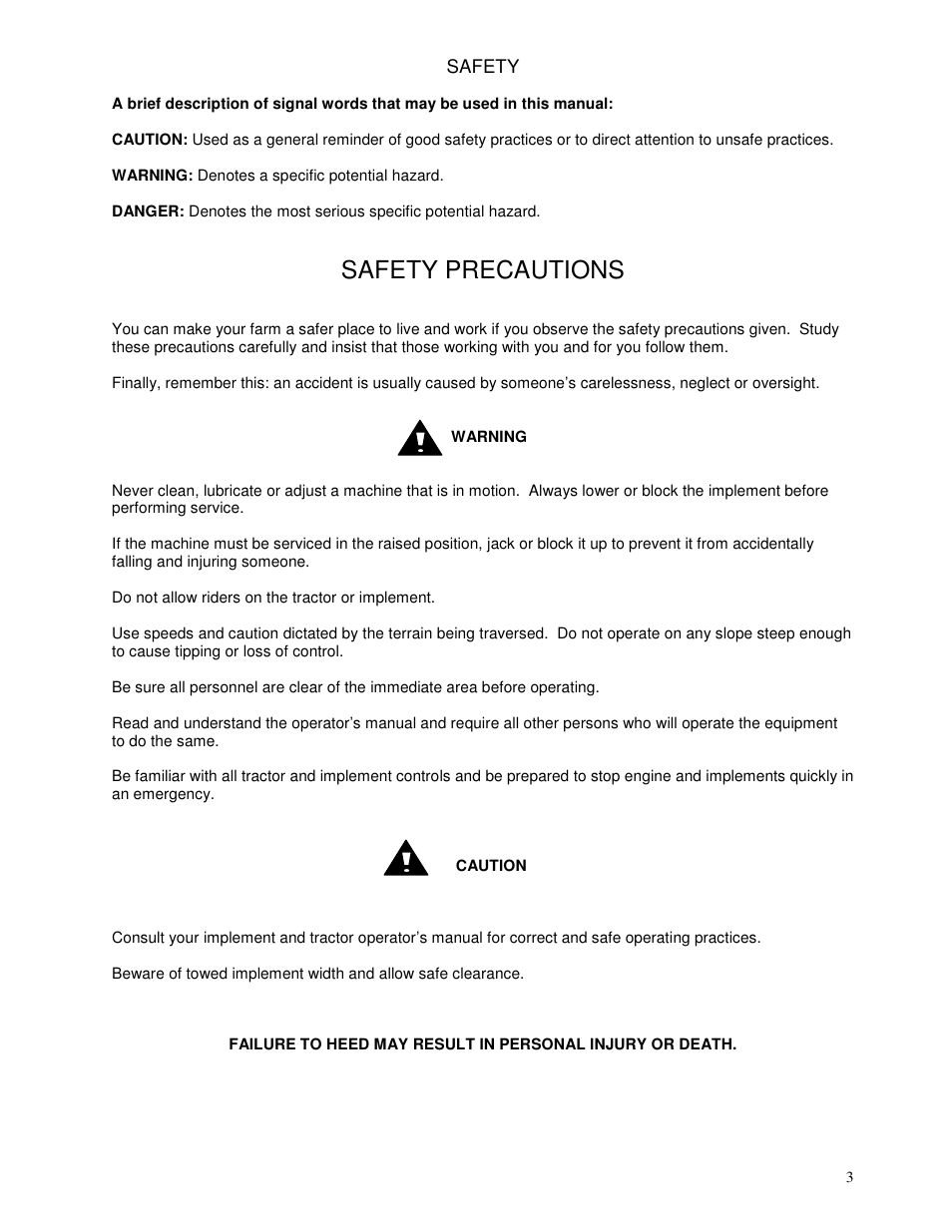 Safety precautions | Yetter 2967-042 TITAN Residue Manager for John Deere HD Coulter User Manual | Page 3 / 16