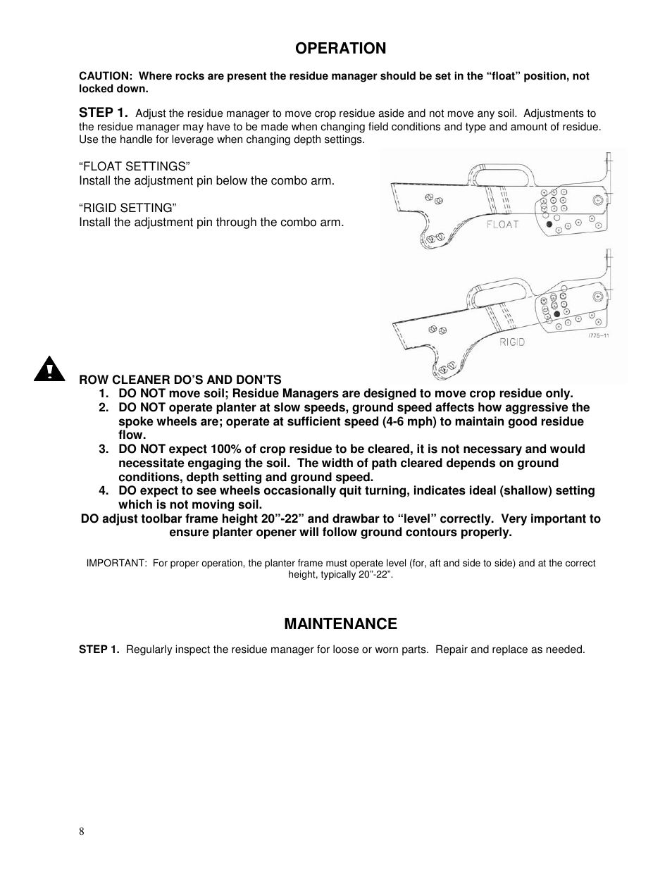Operation, Maintenance | Yetter 2967-042 TITAN Residue Manager for John Deere HD Coulter User Manual | Page 8 / 16