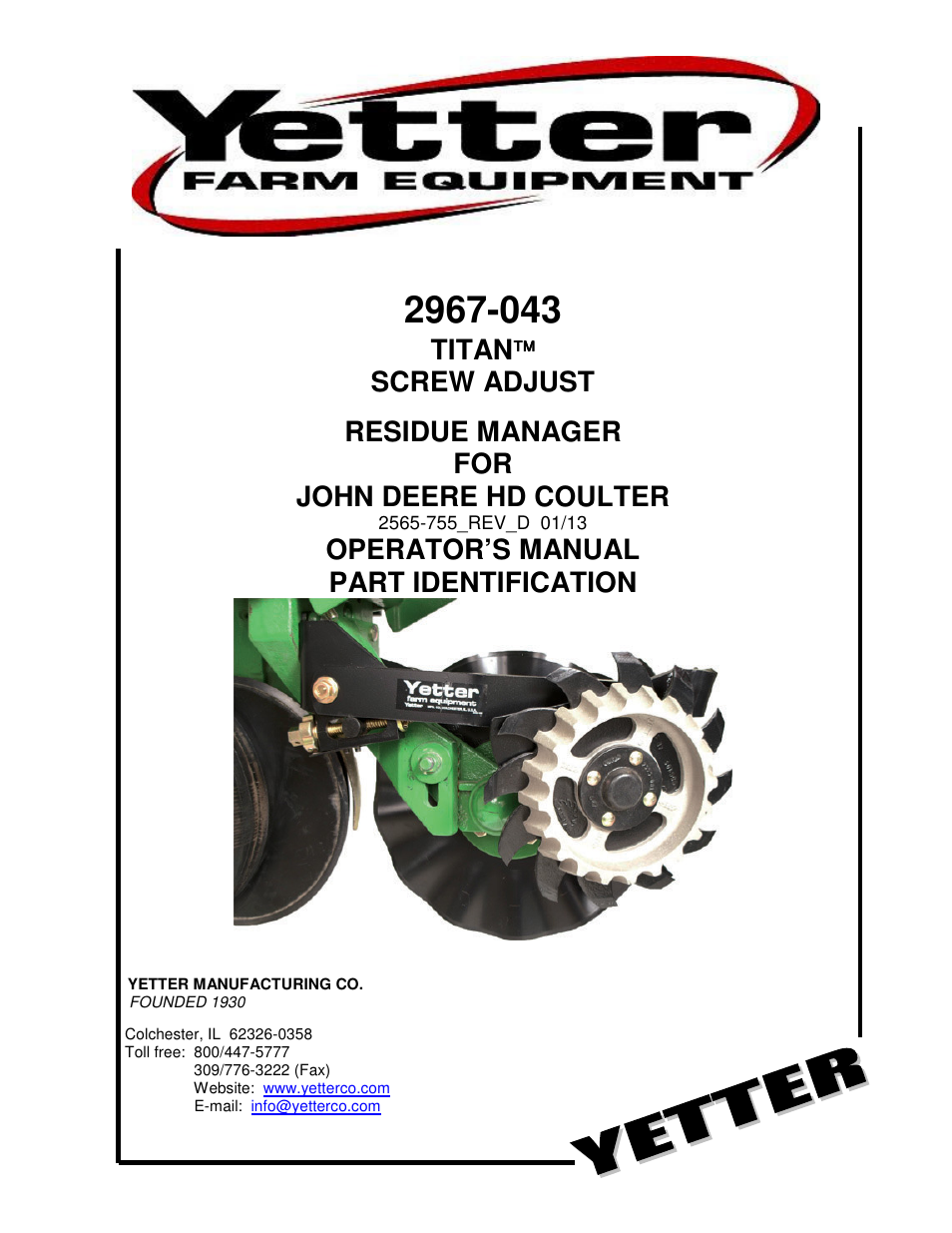 Yetter 2967-043 TITAN Screw Adjust Residue Manager for John Deere HD Coulter User Manual | 20 pages