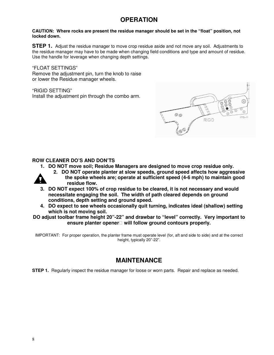 Operation, Maintenance | Yetter 2967-043 TITAN Screw Adjust Residue Manager for John Deere HD Coulter User Manual | Page 8 / 20