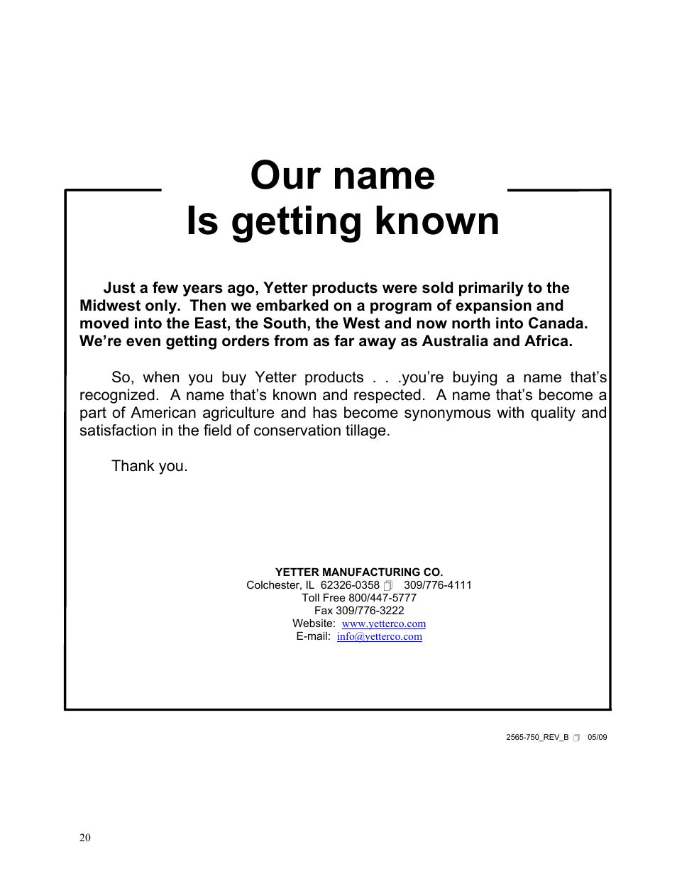 Our name is getting known | Yetter 2967-047 TITAN Residue Manager for John Deere HD Coulter User Manual | Page 20 / 20