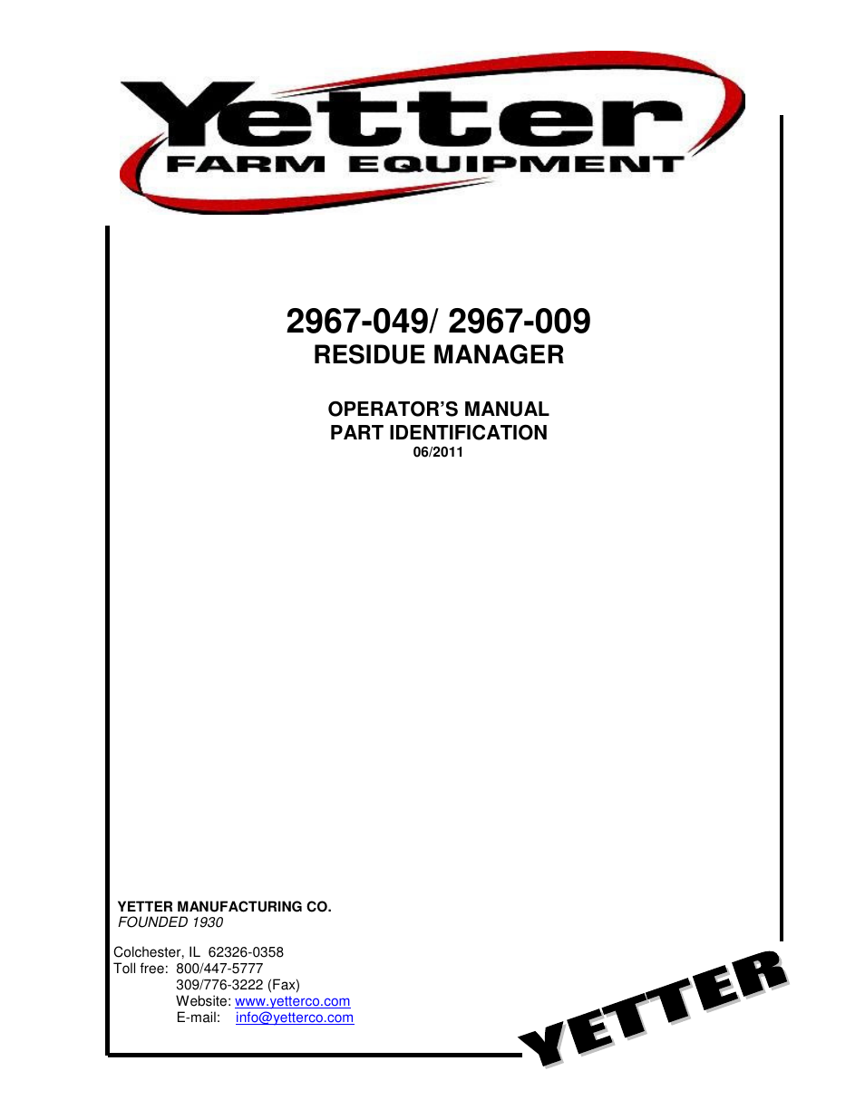 Yetter 2967-009 Residue Manager User Manual | 20 pages
