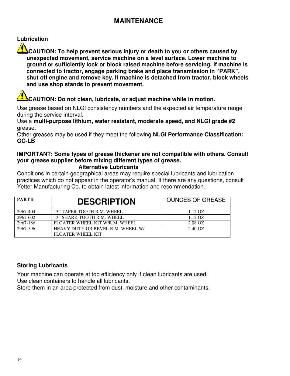 Description, Maintenance | Yetter 2967-009 Residue Manager User Manual | Page 14 / 20