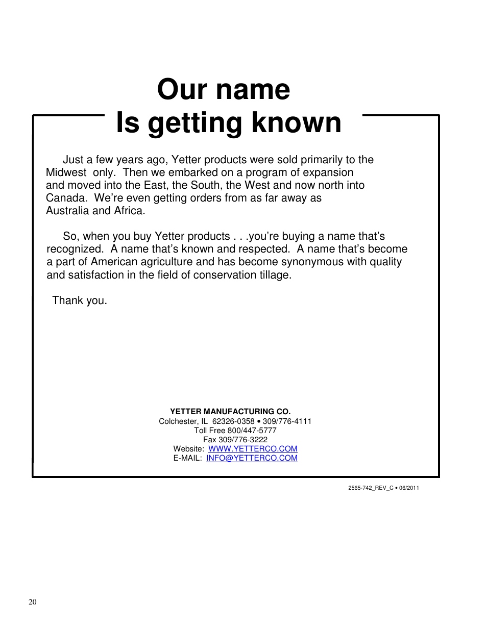Our name is getting known | Yetter 2967-009 Residue Manager User Manual | Page 20 / 20