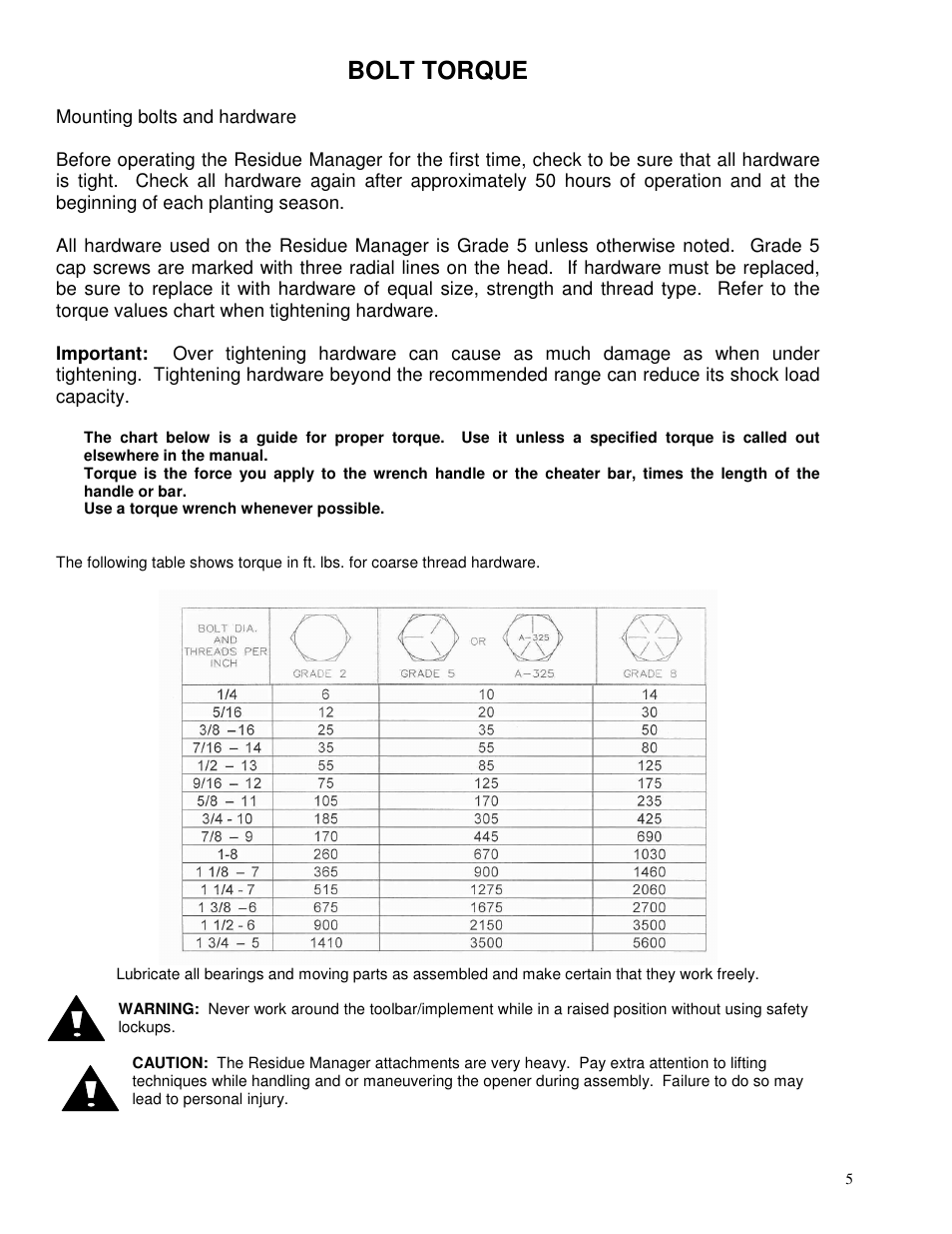 Bolt torque | Yetter 2967-009 Residue Manager User Manual | Page 5 / 20