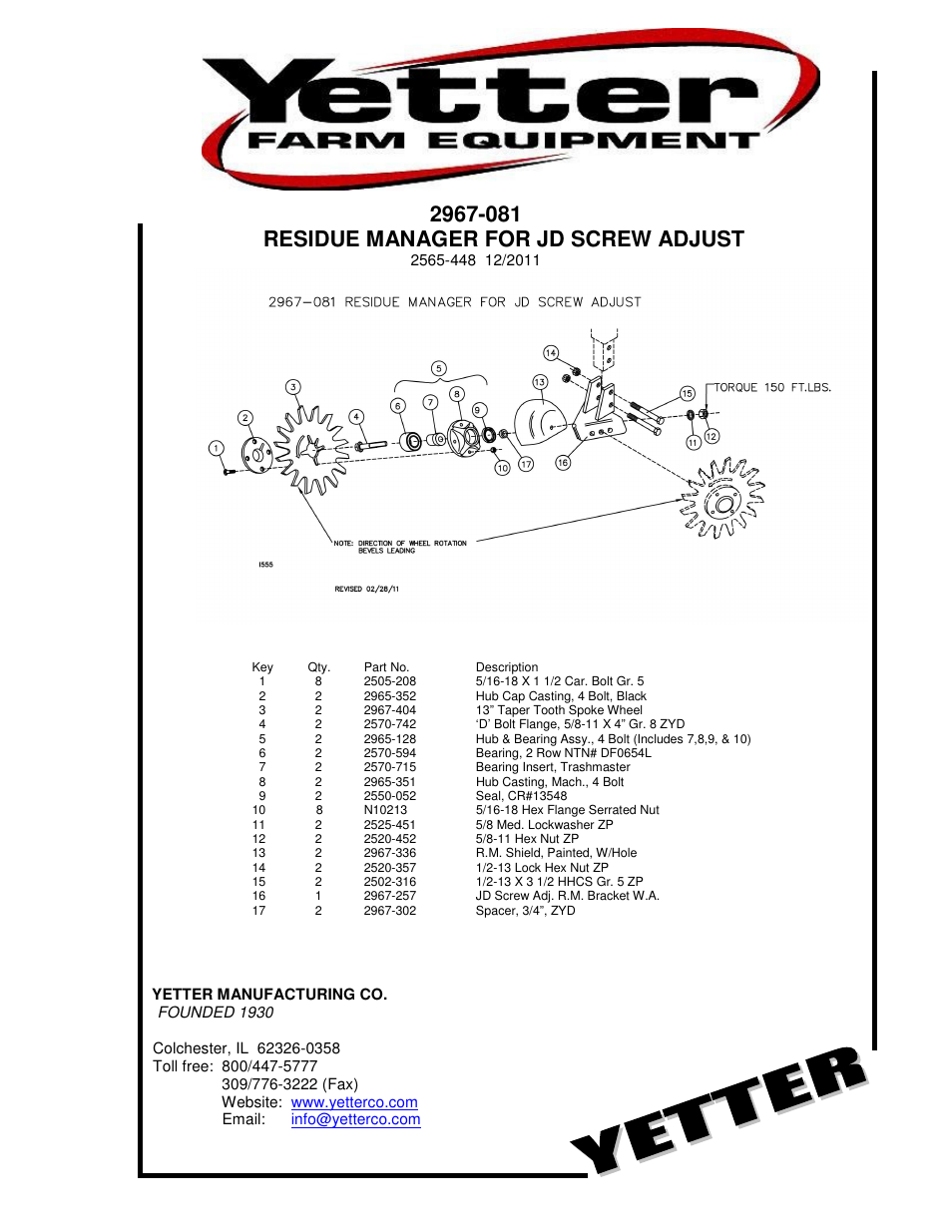 Yetter 2967-081 Residue Manager for JD Screw Adjust User Manual | 8 pages