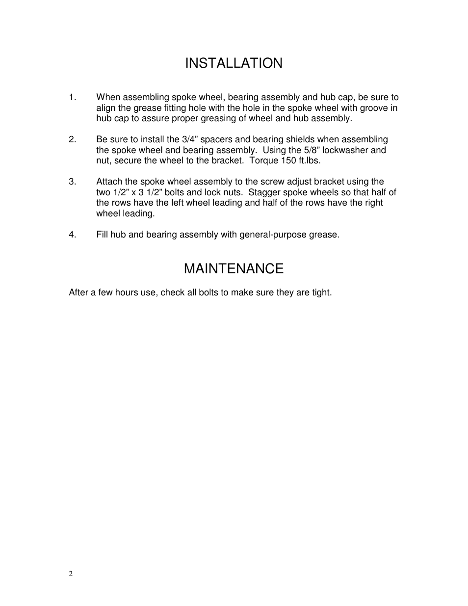 Installation, Maintenance | Yetter 2967-081 Residue Manager for JD Screw Adjust User Manual | Page 2 / 8