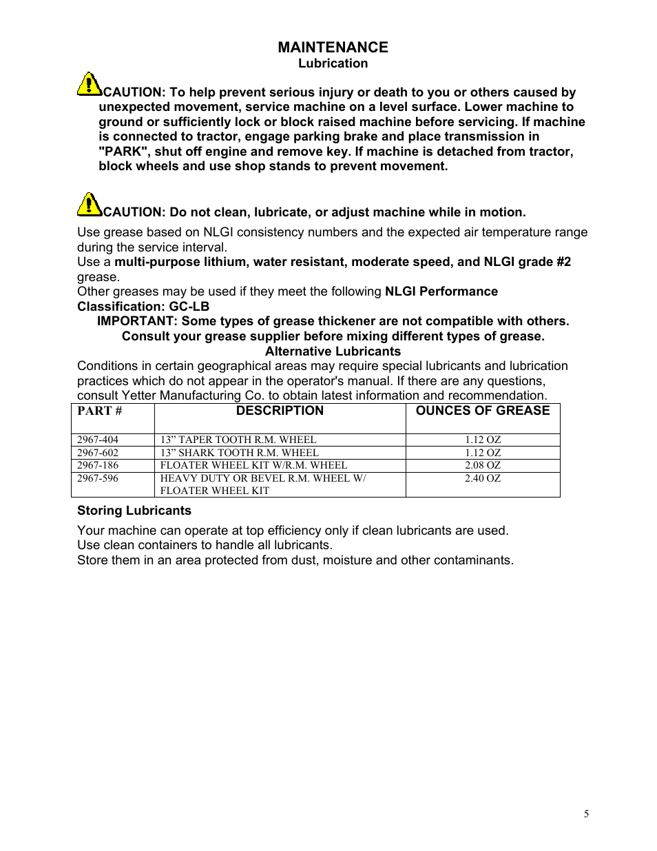 Maintenance | Yetter 2967-101 wheel assembly User Manual | Page 5 / 8