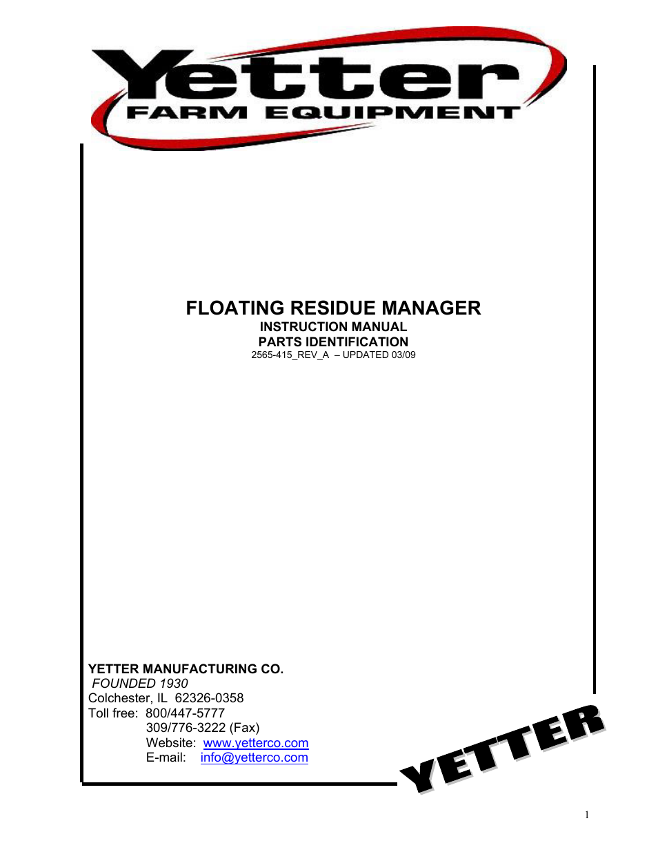 Yetter 2967-122 Floating Residue Manager User Manual | 20 pages