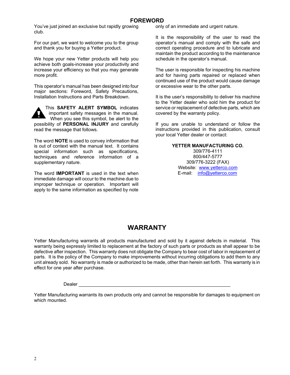 Warranty | Yetter 2967-122 Floating Residue Manager User Manual | Page 2 / 20