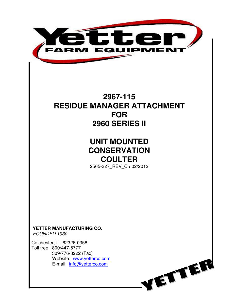 Yetter 2967-115 Residue Manager Attachment for 2960 Series II User Manual | 12 pages