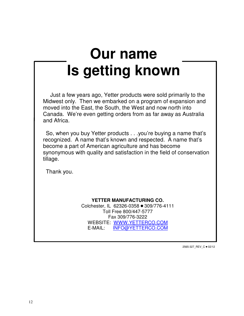 Our name is getting known | Yetter 2967-115 Residue Manager Attachment for 2960 Series II User Manual | Page 12 / 12