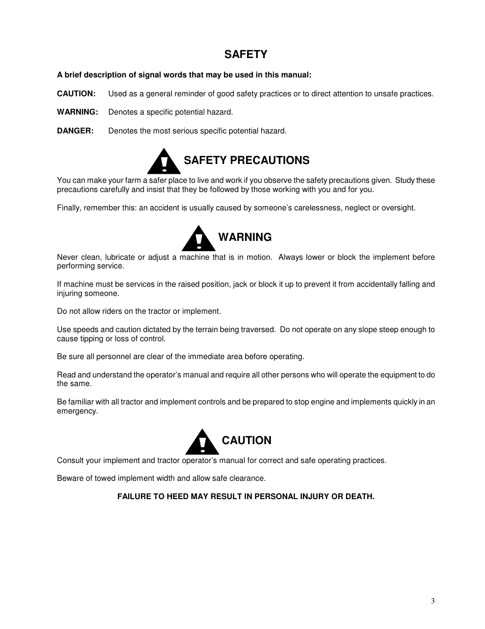 Safety, Safety precautions, Warning | Caution | Yetter 2967-115 Residue Manager Attachment for 2960 Series II User Manual | Page 3 / 12