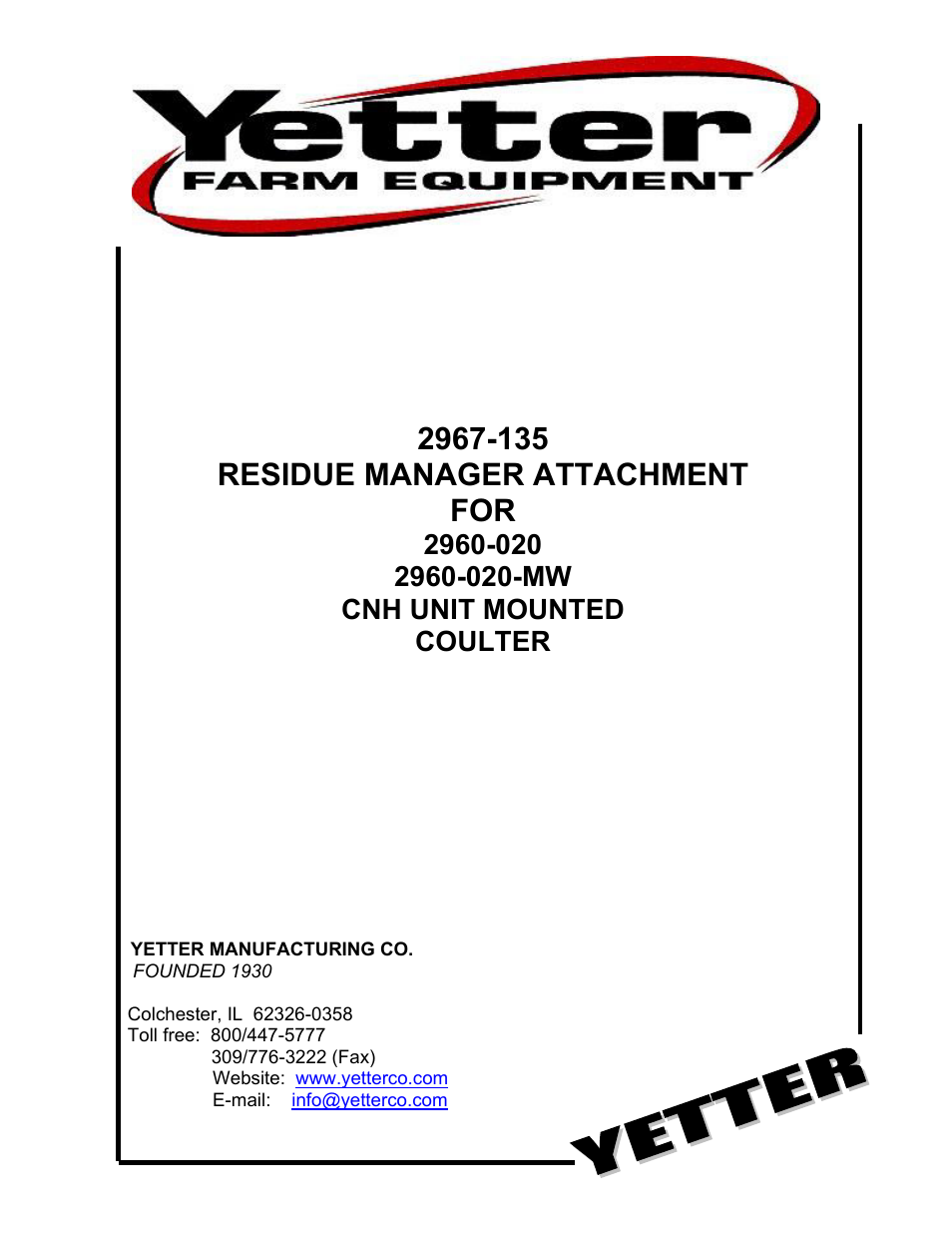 Yetter 2967-135 Residue Manager Attachment for Case Coulter User Manual | 20 pages