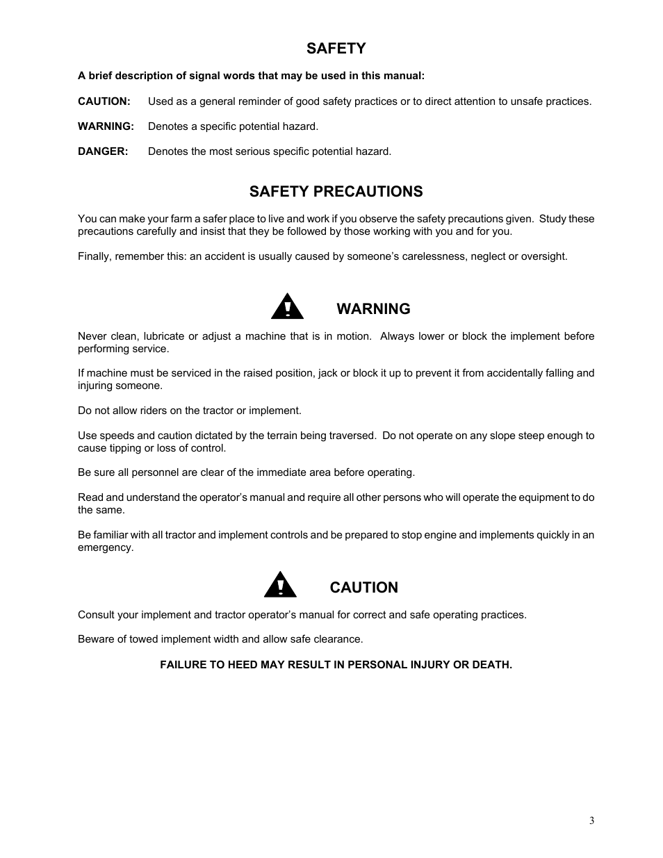 Safety, Safety precautions, Warning | Caution | Yetter 2967-135 Residue Manager Attachment for Case Coulter User Manual | Page 3 / 20