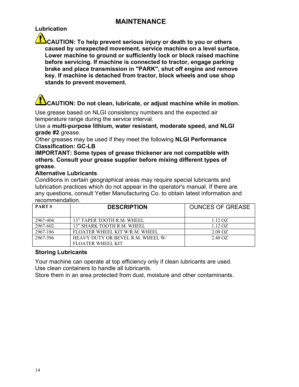 Maintenance | Yetter 2967-145 Residue Manager Attachment for Yetter/John Deere 7000 Unit Mounted Conservation Coulter User Manual | Page 14 / 20