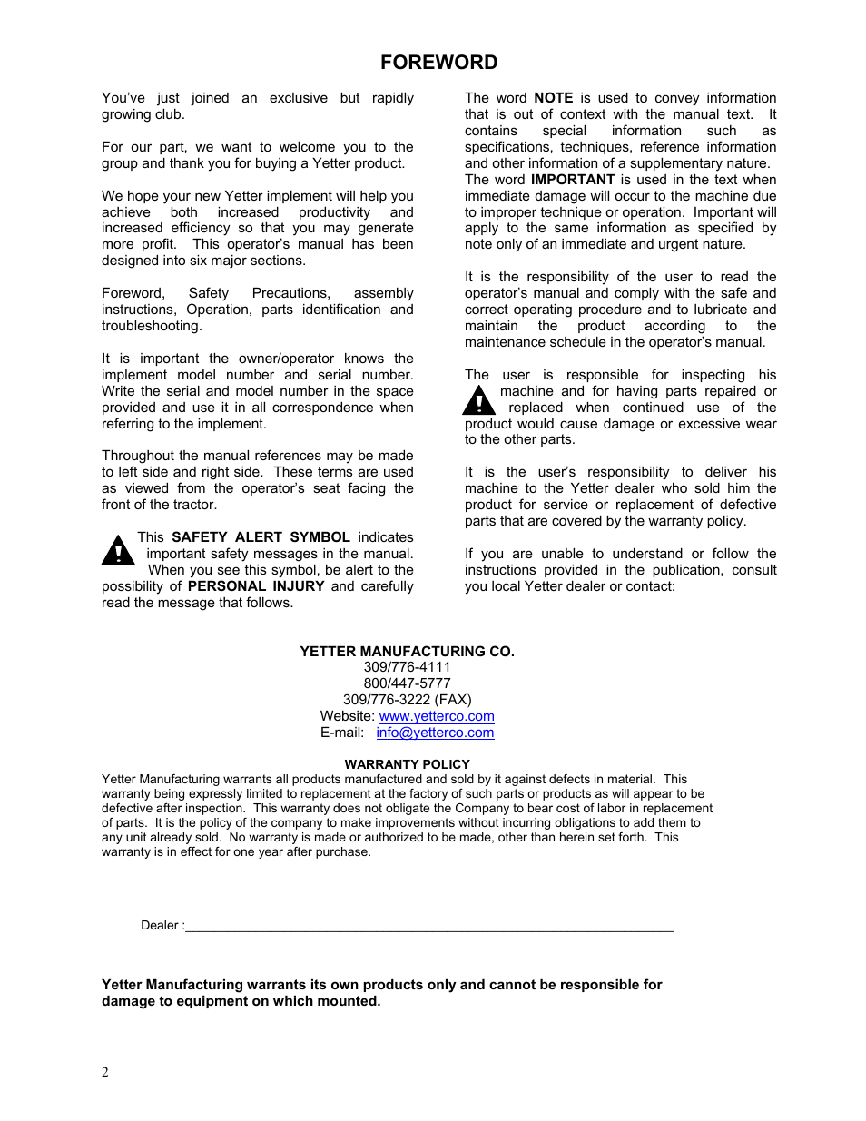Foreword | Yetter 2967-145 Residue Manager Attachment for Yetter/John Deere 7000 Unit Mounted Conservation Coulter User Manual | Page 2 / 20