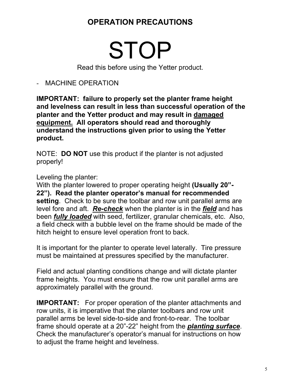 Stop | Yetter 2967-145 Residue Manager Attachment for Yetter/John Deere 7000 Unit Mounted Conservation Coulter User Manual | Page 5 / 20
